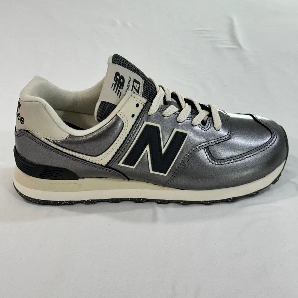 New Balance 574 Metallic Gunmetal Leather Mesh Sneakers Womens Shoes Grey Silver